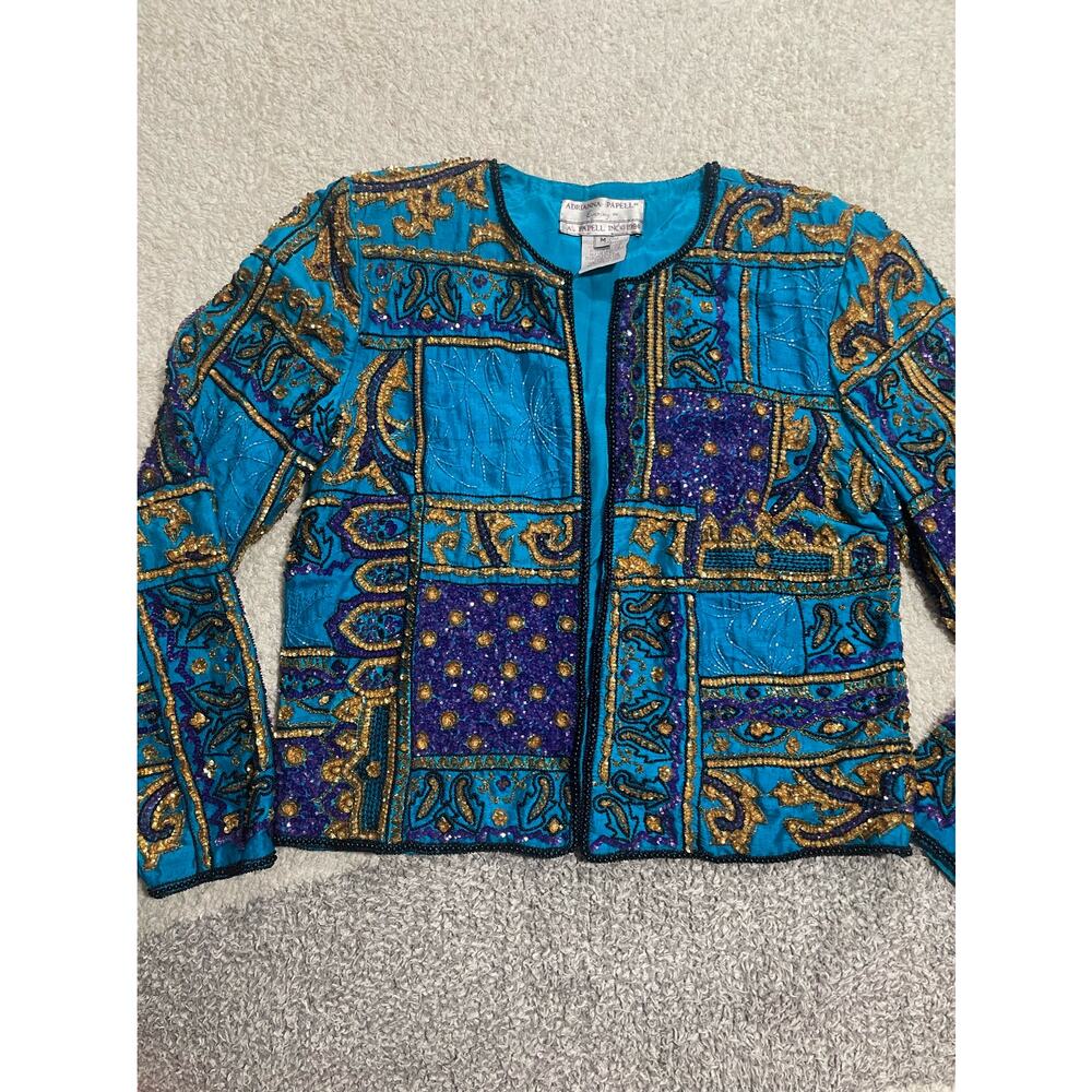 Adrianna Papell Womens Sz M Vintage Sequin Beaded Open Front Blazer Multicolor